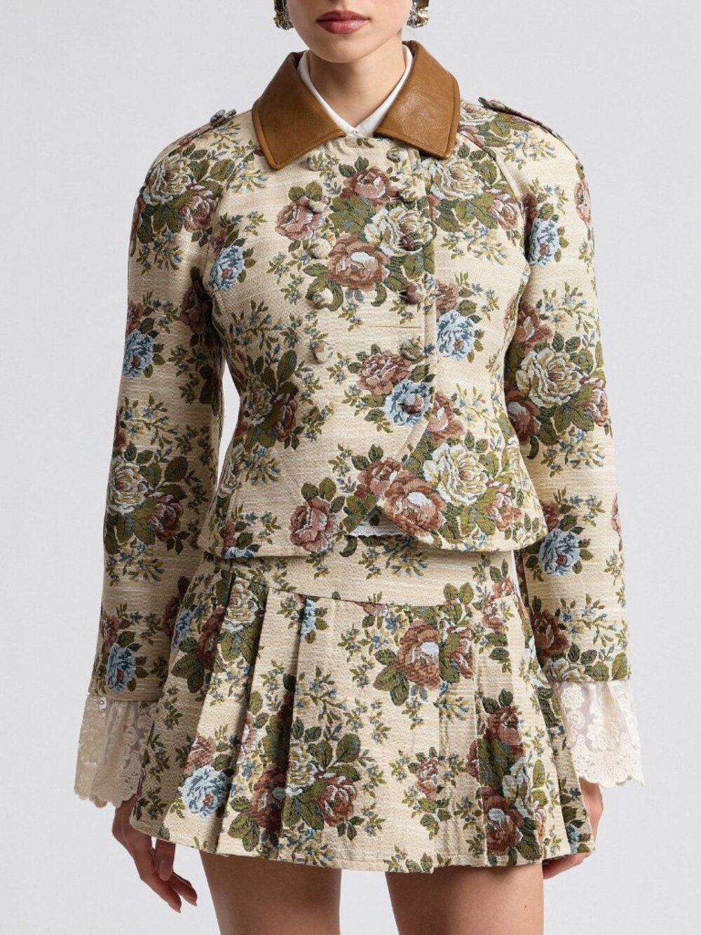 New Avec Les Filles Floral Brocade Blazer with Lace Trim Taupe XS $148